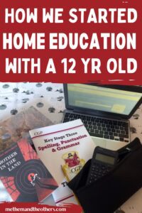 Picture of laptop and study books, text reads "How we started home education with a 12 year old"