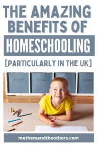 Boy drawing on the floor in yellow T Shirt, text reads The benefits of homeschooling Particularly in the UK}"