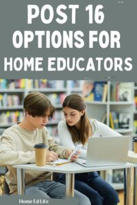 boy and girl at a desk learning in the library, text reads "Post 16 options for home educators"