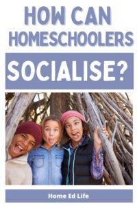 three home educated children together in a wooden shelter, text reads "how can homeschoolers socialise?"