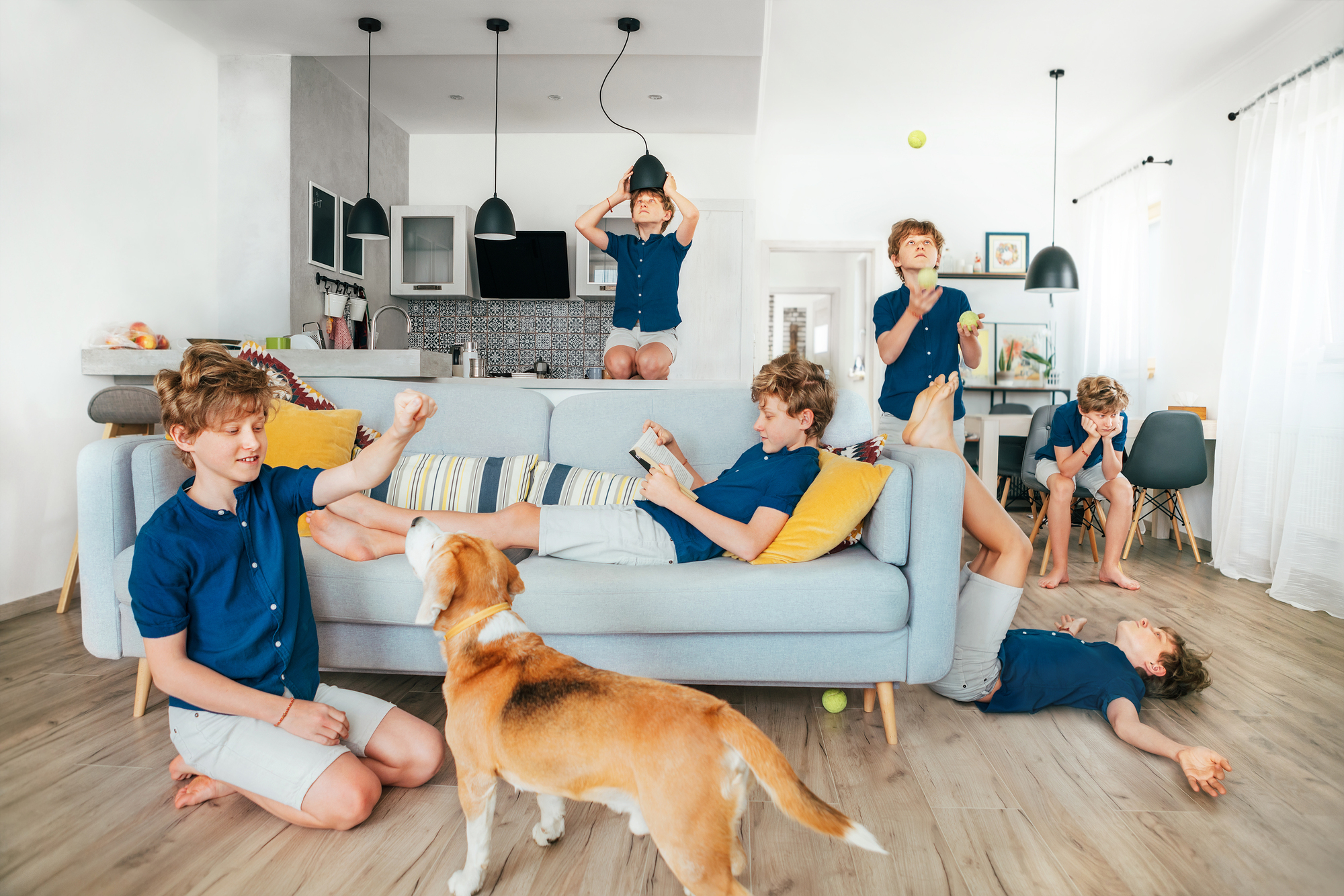 boy trying different ways of home eduction, with a dog, reading a book, juggling.